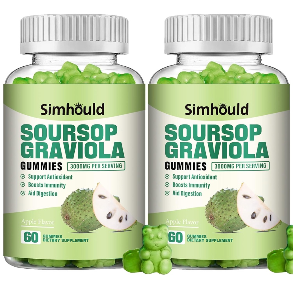 2 Πακέτο Σουρσόπ Graviola Gummies - 3000mg Extra Strength Soursop Leaves Συμπλήρωμα με Βιταμίνη C, Ψευδάργυρος - Digestive Aid, Ανοσολογική Υποστήριξη & Αντιοξειδωτικό - Χωρίς ζάχαρη, Μη ΓΤΟ, Vegan, 120 Counts