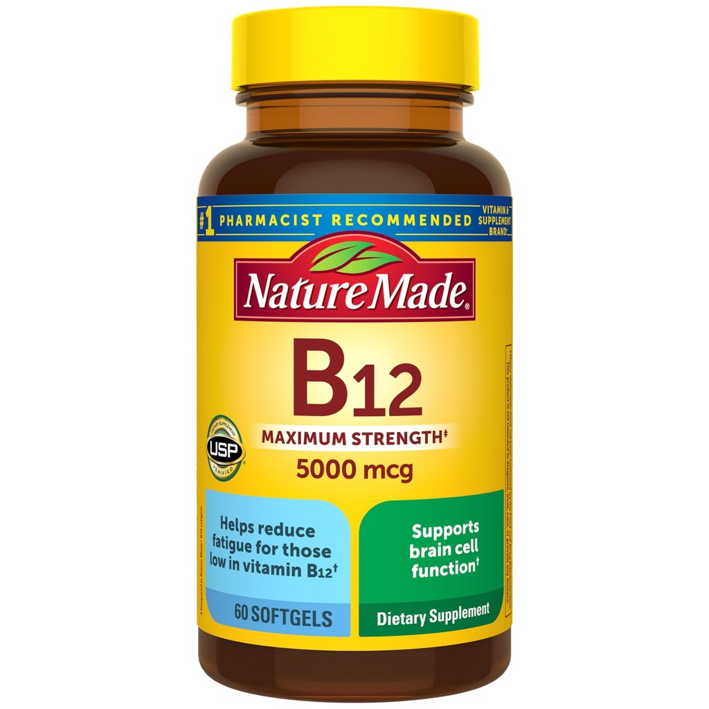 Nature Made Maximum Strength Vitamin B12 5000 mcg, Συμπλήρωμα διατροφής για την υποστήριξη του μεταβολισμού ενέργειας, 60 Softgels, 60 ημέρες προσφοράς
