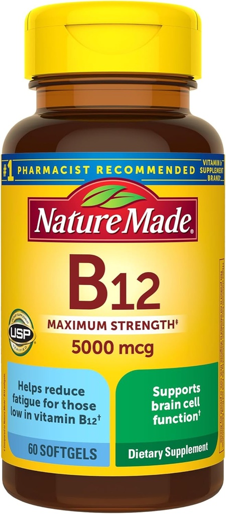Nature Made Maximum Strength Vitamin B12 5000 mcg, Συμπλήρωμα διατροφής για την υποστήριξη του μεταβολισμού ενέργειας, 60 Softgels, 60 ημέρες προσφοράς
