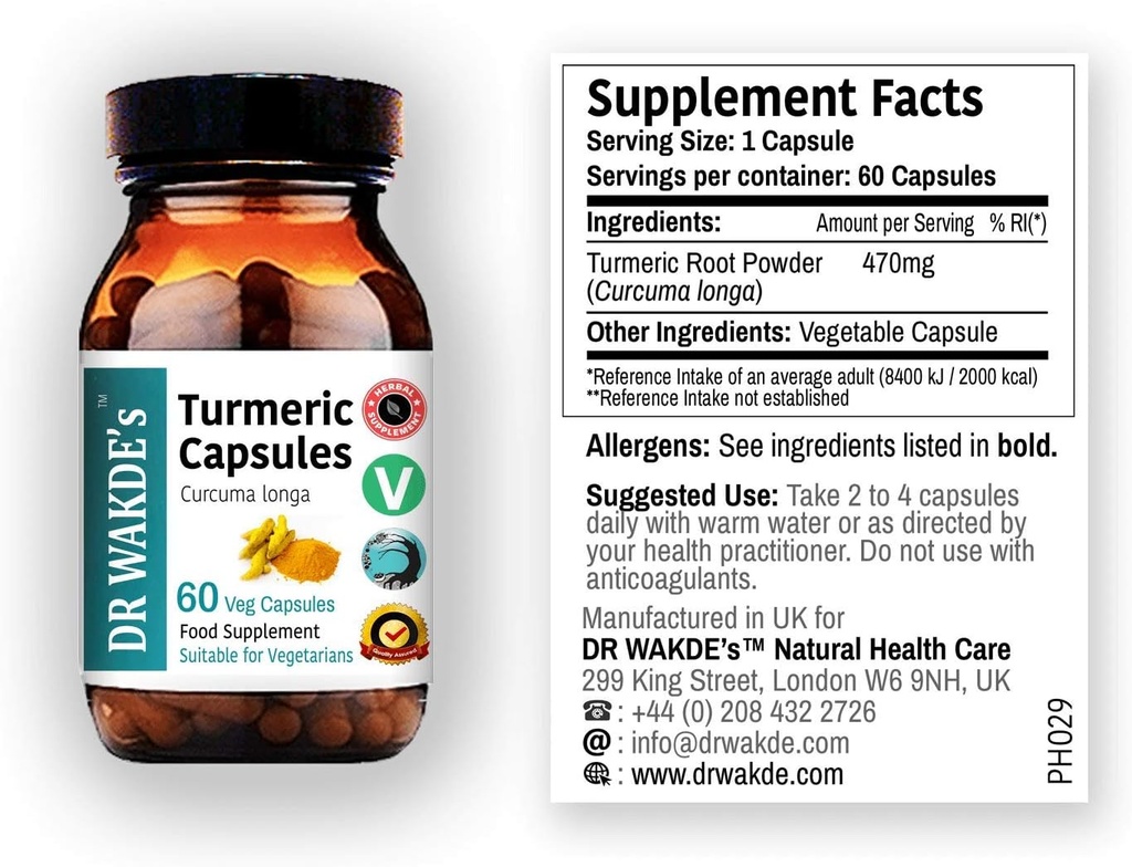 Κάψουλες Κουρκουμάς του DR WAKDE (Curcuma Longa, 60 Veg Caps, φυτικό συμπλήρωμα, Ayurvedic Herb, όλα φυσικά, Vegan)