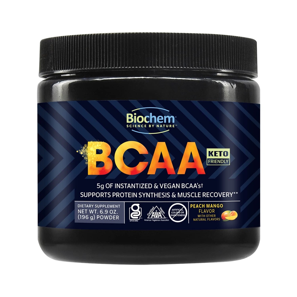 Biochem BCAA σε σκόνη Ροδάκινο Mango 5g – 30 Σερβιέτες  Συμπλήρωμα για την αποκατάσταση των μυών, πρωτεϊνική σύνθεση & ενυδάτωση 