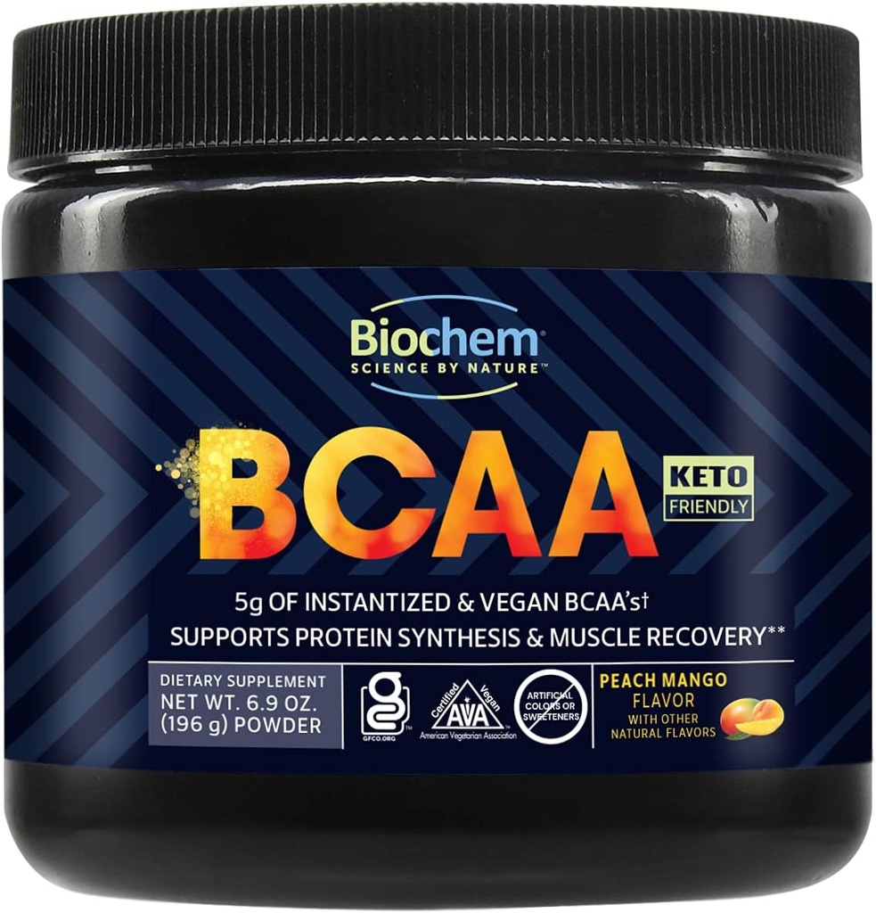 Biochem BCAA σε σκόνη Ροδάκινο Mango 5g – 30 Σερβιέτες  Συμπλήρωμα για την αποκατάσταση των μυών, πρωτεϊνική σύνθεση & ενυδάτωση 