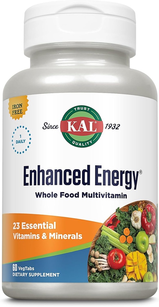 KAL Enhanced Energy Supplements, Once Daily Whole Food Multivitamin for Women and Men, Iron Free, 23 Essential Vitamins, Minerals, Super Foods, Digestive Enzymes, 60-Day Εγγύηση, 60 Serv, 60 VegTabs