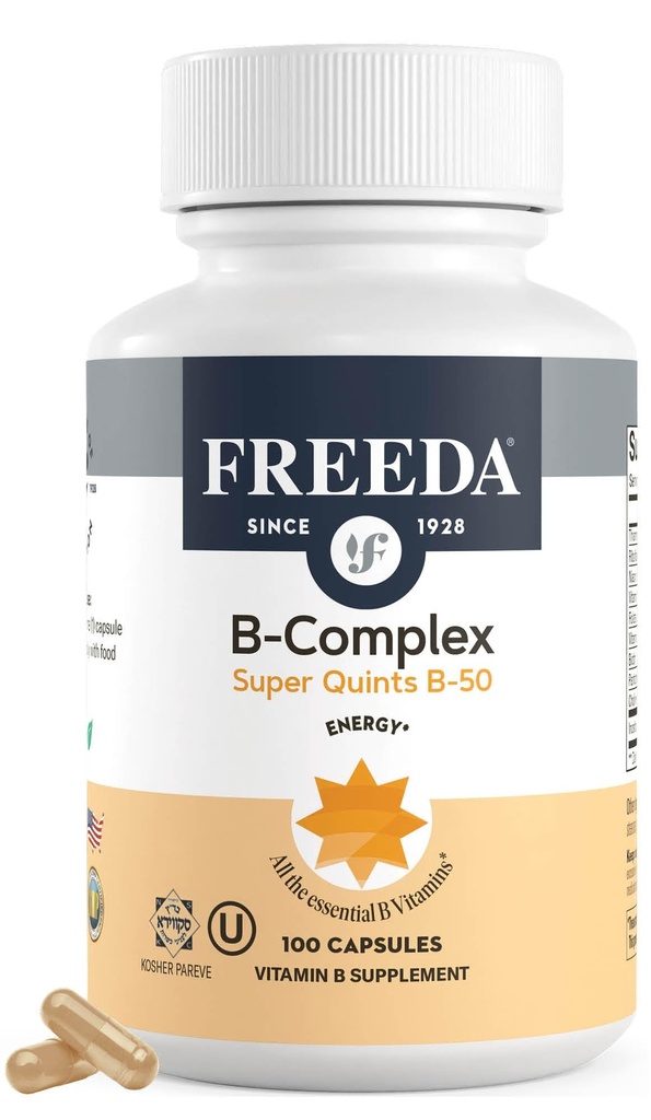 FREEDA Vitamin B-50 Complex – Super Quints B-Complex with B1 B2 B3 (Niacinamide) B5 B6, Biotin, Folate & B12 + Choline & Inositol – Vegan Capsules, 100 Count – Made in USA