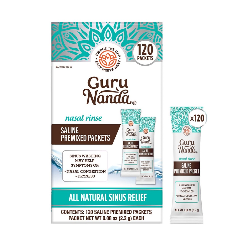 GuruNanda PreMixed Saline Packets για Nasal Rinse (120 Count), Όλα τα φυσικά Sinus Rinse Packets για να βοηθήσει με Αλλεργίες & Συμφορητική ανακούφιση, 0.08oz κάθε