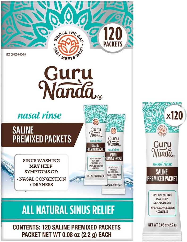 GuruNanda PreMixed Saline Packets for Nasal Rinse (120 Count), All Natural Sinus Rinse Packets to Help with Allergies & Congestion Relief, 0.08oz Each