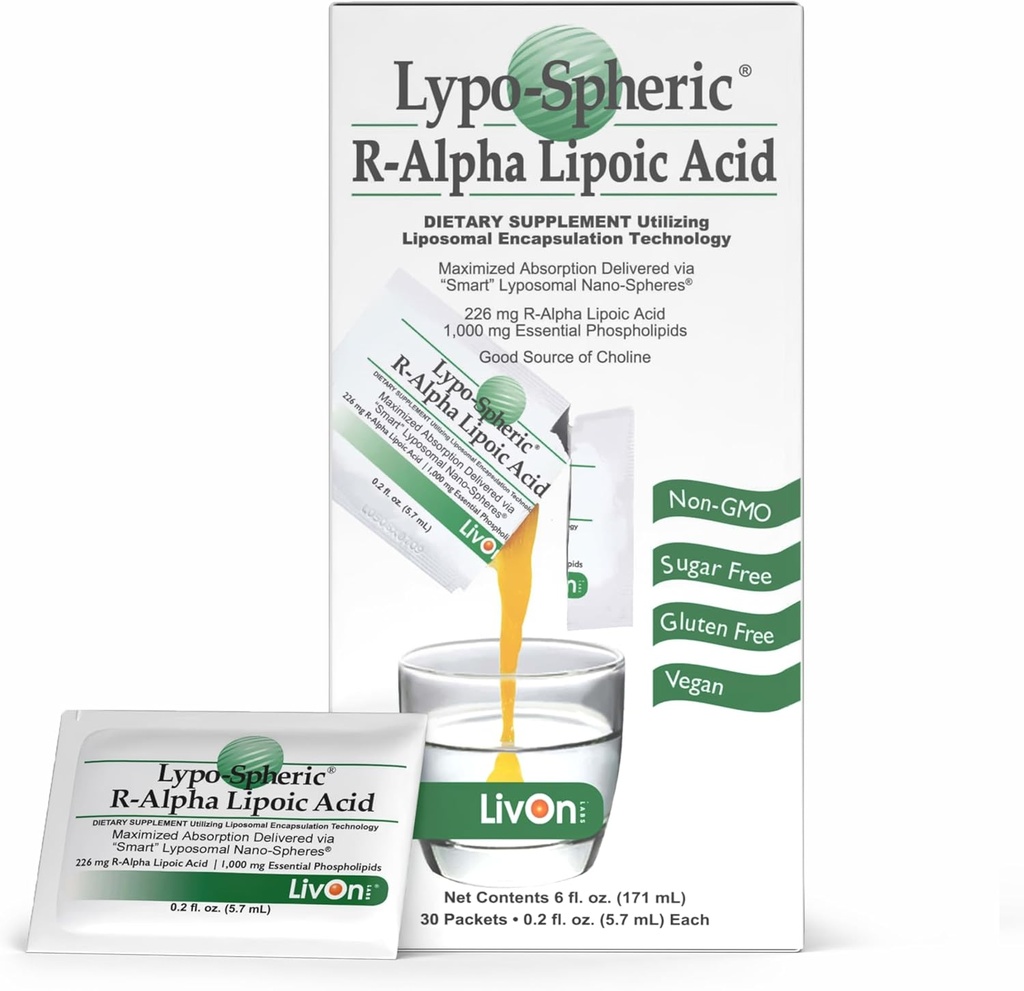 LivOn Laboratories Lypo-Spheric R-Alpha Lipoic Acid - 30 Packets - 226mg ανά συσκευασία - Liposome Encapsulated for Maximum Bioavailability - 100% Μη ΓΤΟ