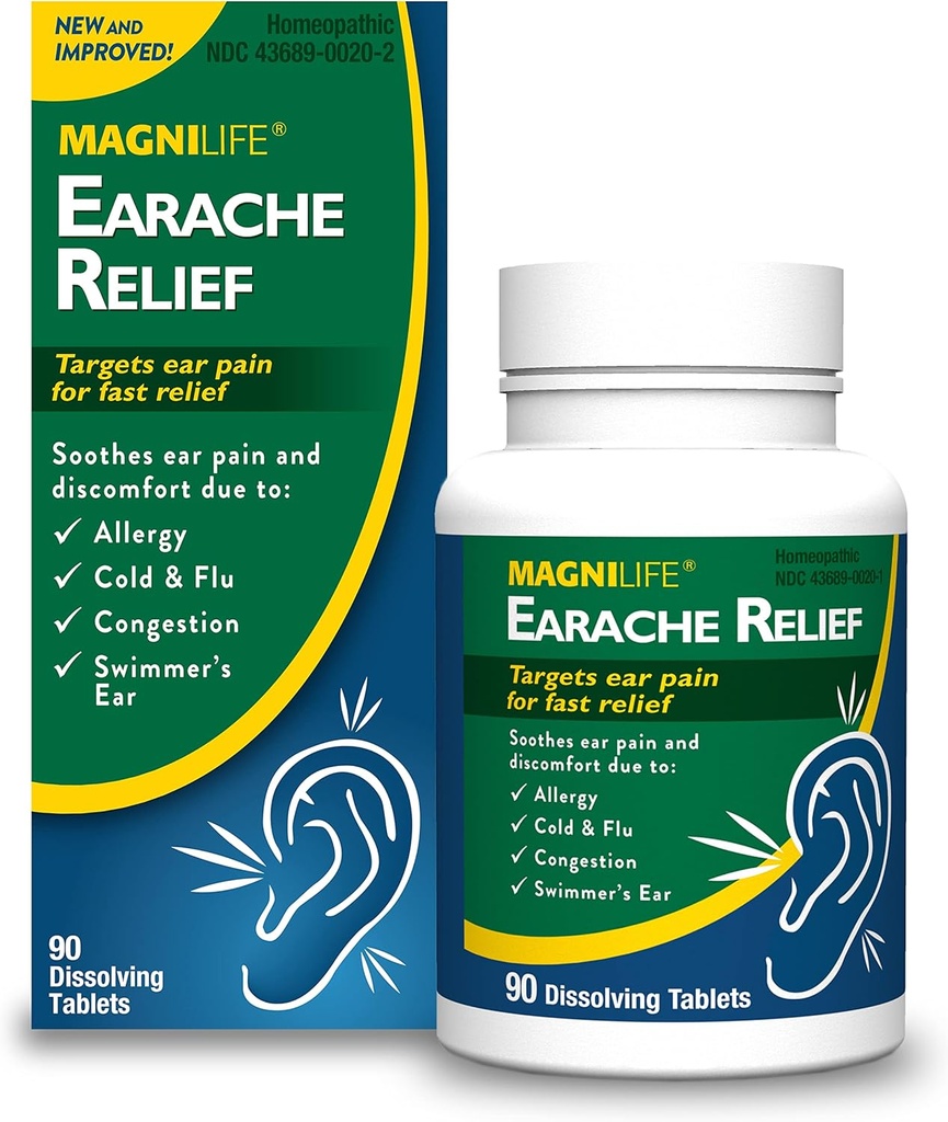 MagniLife Earache Relief, Fast-Active Natural Relief for Swimmers Ear, Pain and Disfort from Allergies, Cold and Flu - 90 Quick Dissolve Tablets