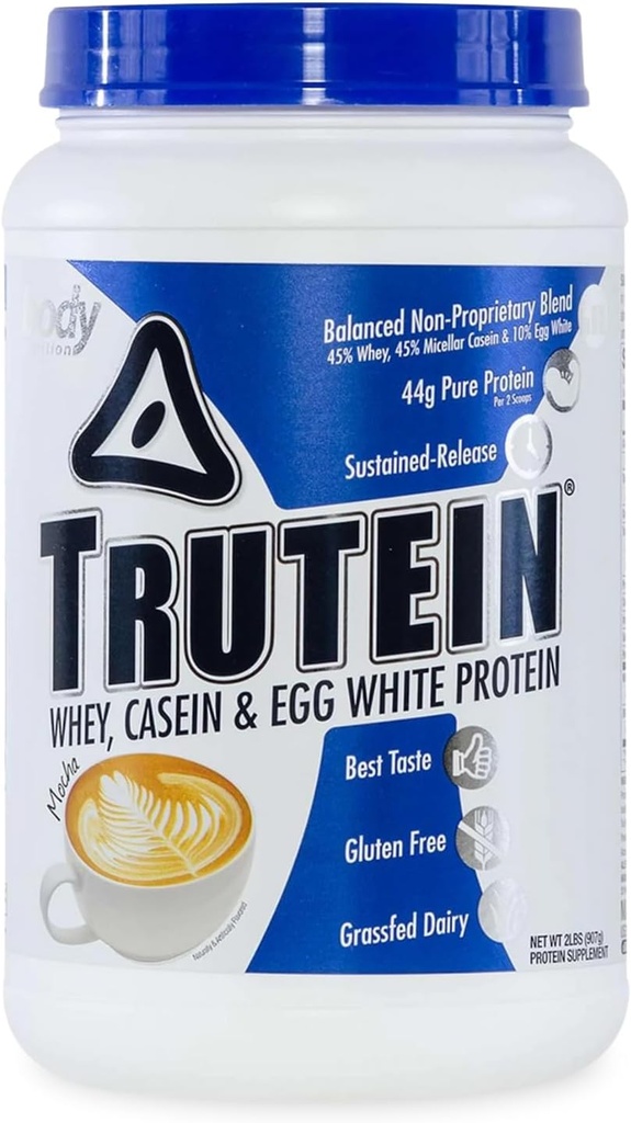 Διατροφή σώματος Trutein Υψηλή πρωτεΐνη σκόνη: 45% Whey, 45% καζεΐνη, 10% Αυγό Λευκό, χωρίς γλουτένη, χαμηλή νάτριο, χόρτο Fed πρωτεΐνη Whey σκόνη, γυμναστήριο συμπλήρωμα & πρωινό shake, Μόκα, 2lb