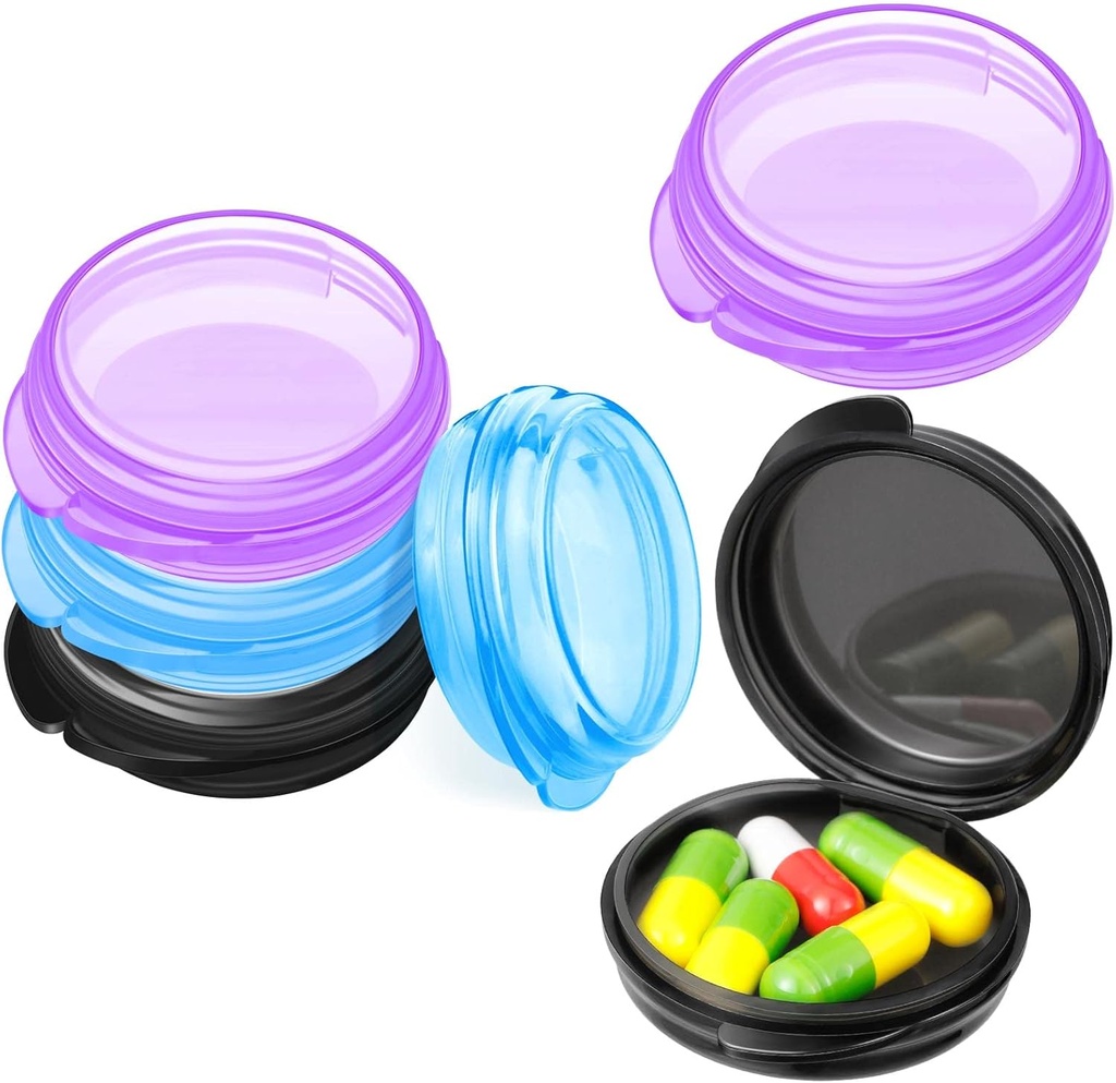 Patelai 6 Πακέτα Μικρό κουτί οργανωτή χάπι, Travel Pill Container Φορητό καθημερινή Mini Medicine θήκη για Pocket Purse Σύνταξη Travel Medicine Cod Συκώτι αποθήκευσης πετρελαίου (μαύρο, μωβ, μπλε)