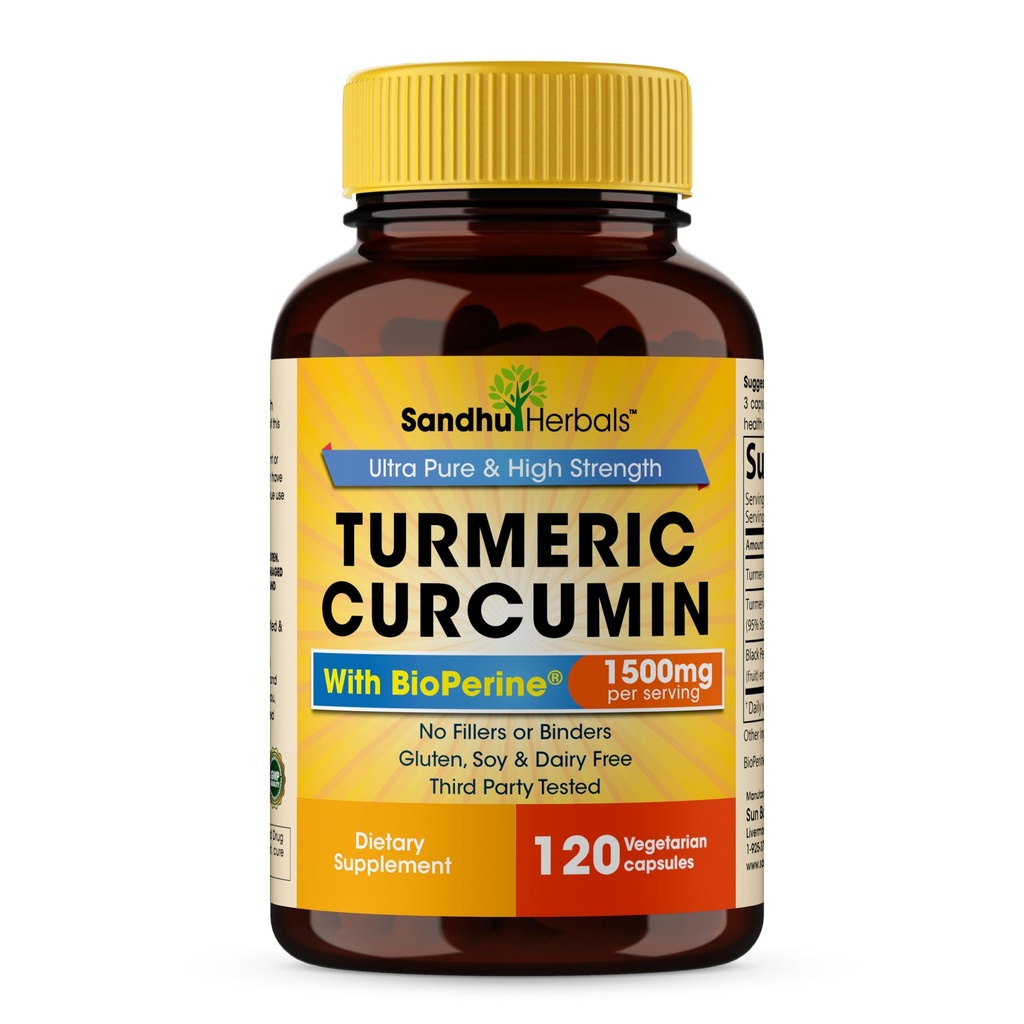 Sandhu Herbals Organic Turmeric Curcumin 120 Κάψουλες με Bioperine Black Pepper Extract Συμπλήρωμα 