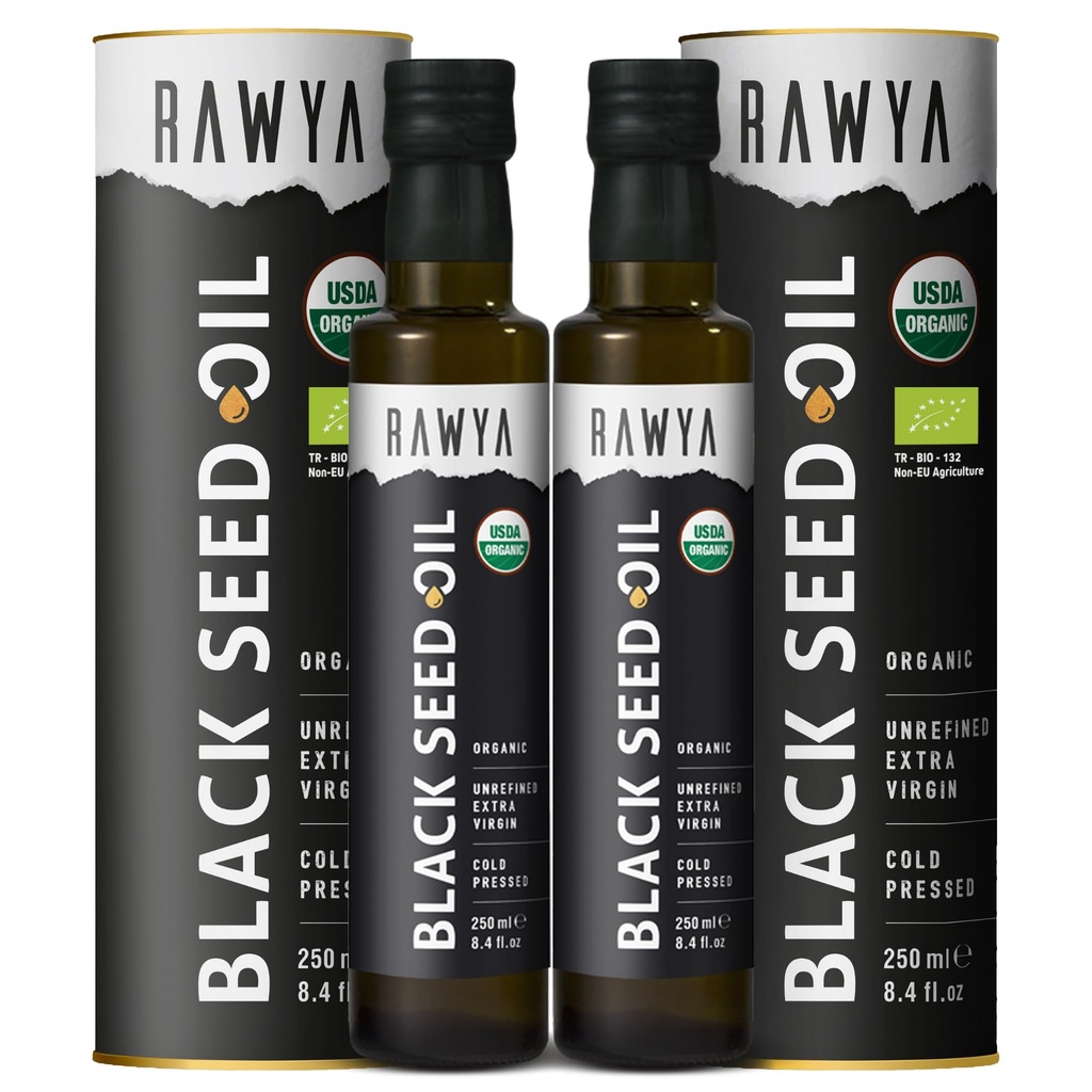 RAWYA Black Seed Oil - Βιολογικό κρύο Pressed Nigella Sativa - Τουρκική Προέλευση - USDA Organic - Φυσικό συμπλήρωμα - Μαύρο Cumin Seed Oil - Πλούσιο άρωμα & υψηλή συγκέντρωση - 250ml γυάλινο μπουκάλι - 2 Pack