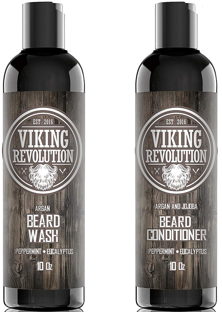 Viking Revolution Beard Shampoo and Conditioner Set - Top-tier Beard Care Kit με Argan & Jojoba Oils για Υγιή Γενετική Ανάπτυξη, Χωρίς φαγούρα ή Ερεθισμό, Πλούσιος Λάθης, Ευκάλυπτος Scent (10 oz)