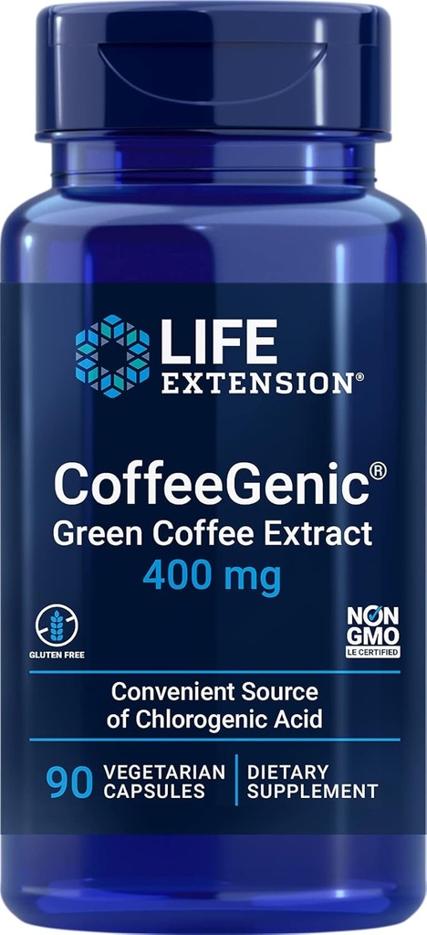 Επέκταση ζωής CoffeeGenic® Green Coffee Extract, 400 mg, τυποποιημένο για 50% χλωρογόνο οξύ, Υποστήριξη Μεταβολισμού μετά το γεύμα, Χωρίς γλουτένη, Μη ΓΤΟ, Χορτοφαγικά, 90 κάψουλες