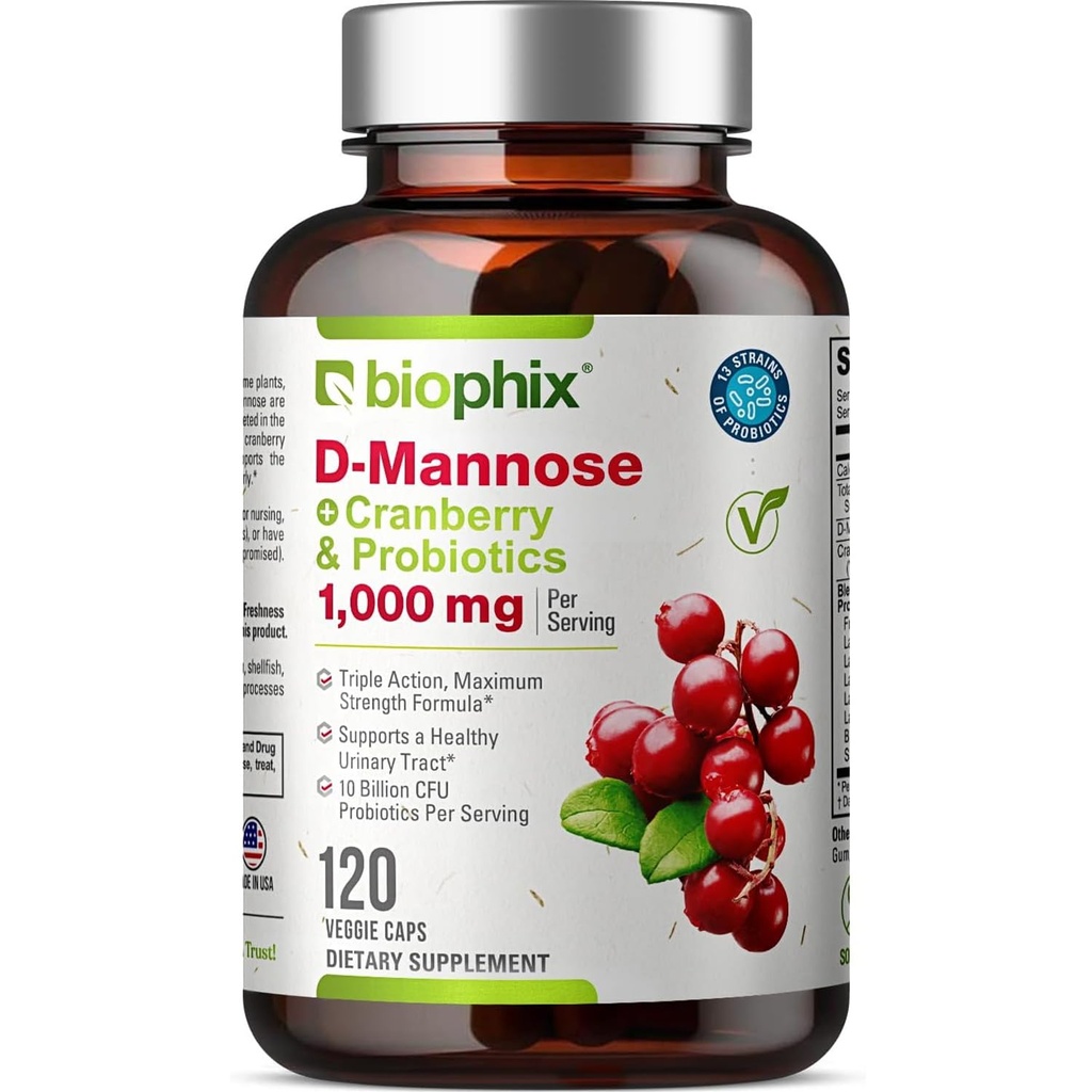 biophix D- Mannose 1000mg κάψουλες με Cranberry & Probiotics - D Mannose συμπληρώματα για τις γυναίκες - D- Mannose χάπια για την ουρική αρθρίτιδα και την κολπίτιδα Υγεία Υποστήριξη - Digestive Well-Being - 120 Vcaps