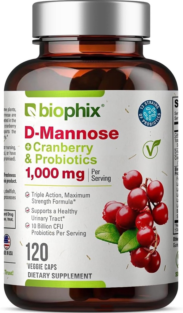 biophix D- Mannose 1000mg κάψουλες με Cranberry & Probiotics - D Mannose συμπληρώματα για τις γυναίκες - D- Mannose χάπια για την ουρική αρθρίτιδα και την κολπίτιδα Υγεία Υποστήριξη - Digestive Well-Being - 120 Vcaps