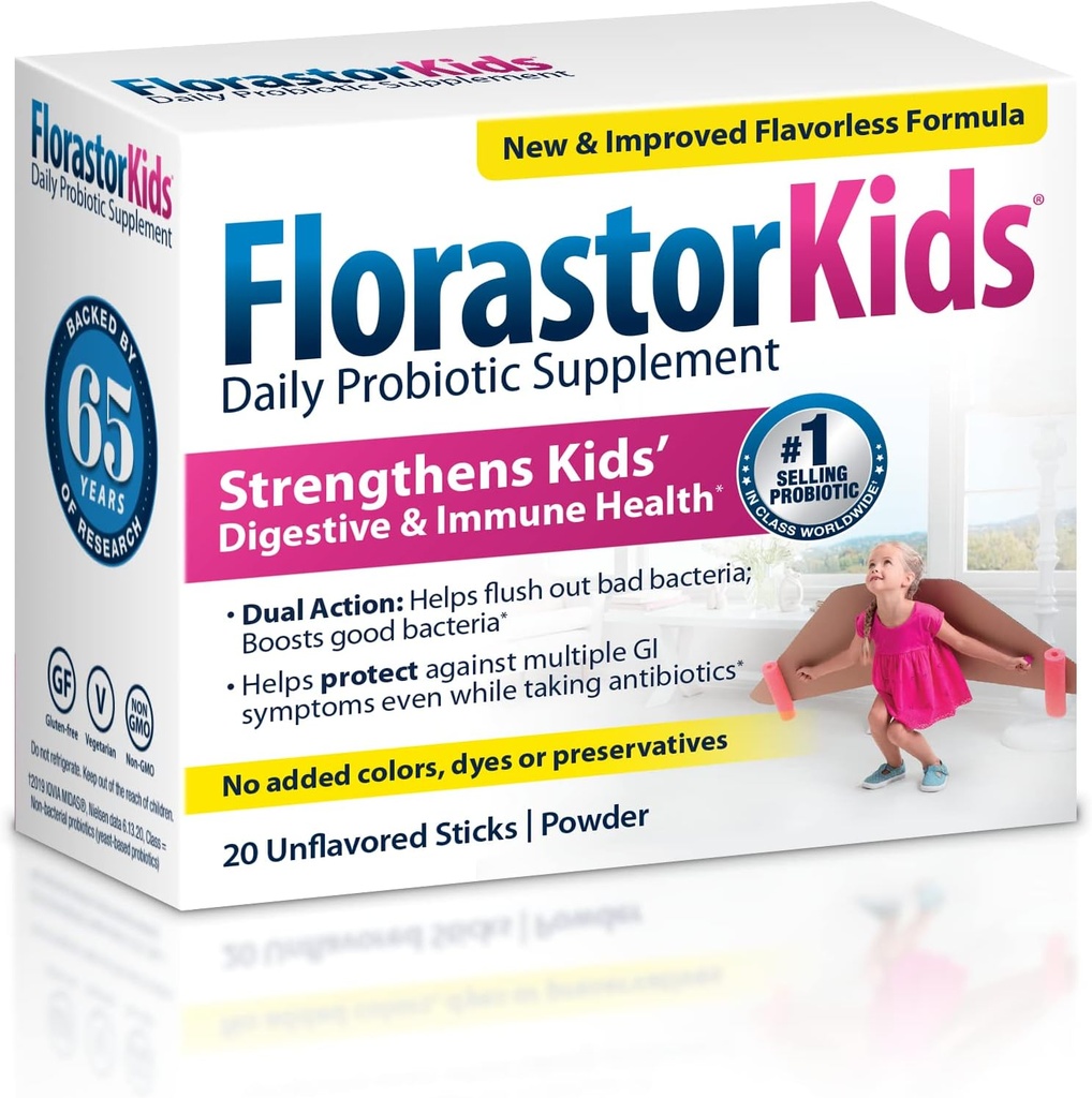 Florastor Kids Daily Probiotic Supplement, Άγευστη σκόνη αναμειγνύεται με τρόφιμα ή ποτά, Χρήση με αντιβιοτικά, Saccharomyces Boulardii CNCM I-745 (20 φακελάκια), Συσκευασία των 2