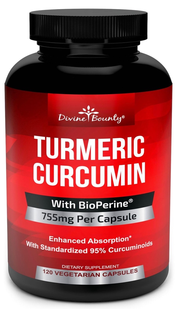 Turmeric Curcumin with BioPerine Black Pepper Extract - 755mg per Capsule, 120 Veg. Capsules - GMO Free Tumeric, Standardized to 95% Curcuminoids for Maximum Potency