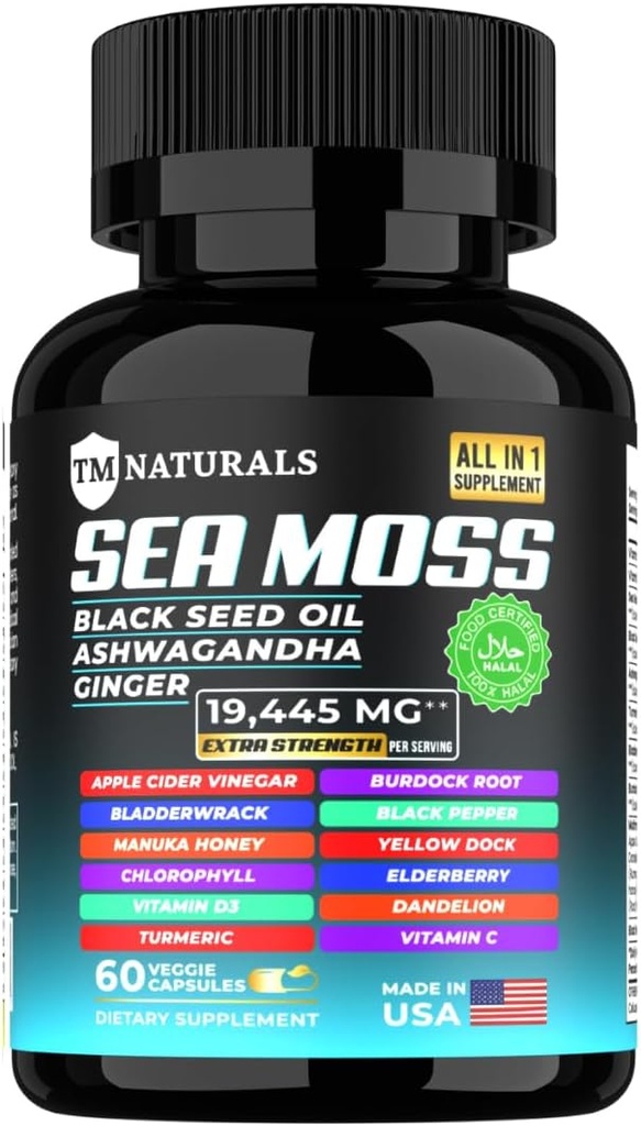 Θάλασσα Moss με μαύρο σπορέλαιο, βιταμίνη C, Ashwagandha και κουρκουμά για ανοσοποιητική υποστήριξη & ενέργεια - 60 κάψουλες Vegan + Free Pill Box