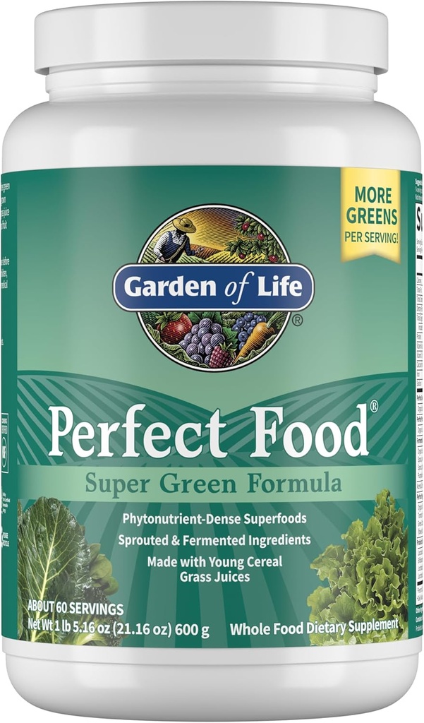 Garden of Life Perfect Food Super Green Formula - 60 Μερίδες, 45 Superfoods, Greens, Fruit & Veggie Juice Superfood Powder Supplement, Probiotics & Organic Spirulina for Digestion & Immune Health