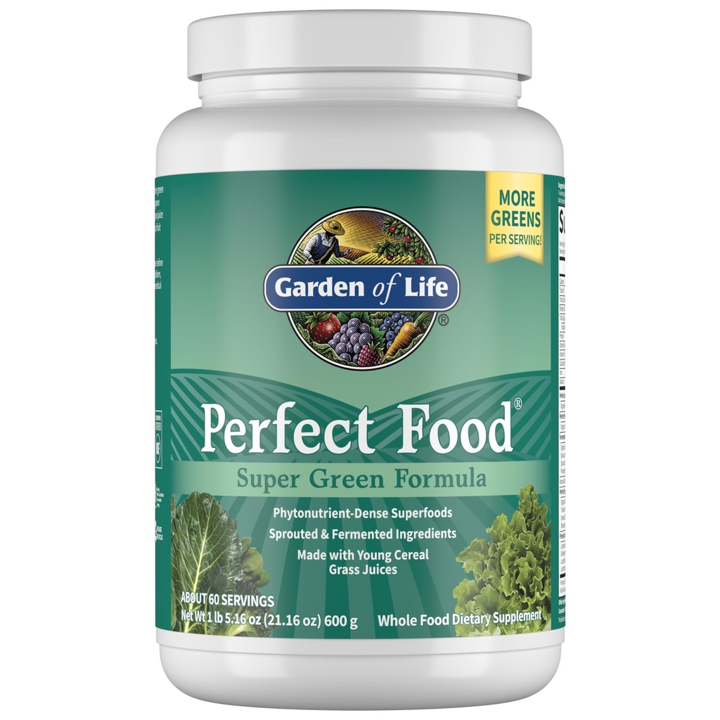 Garden of Life Perfect Food Super Green Formula - 60 Μερίδες, 45 Superfoods, Greens, Fruit & Veggie Juice Superfood Powder Supplement, Probiotics & Organic Spirulina for Digestion & Immune Health