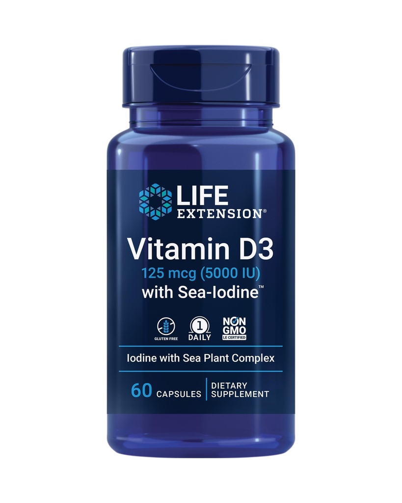 Επέκταση ζωής Βιταμίνη D3 με Sea-IodineTM, 125 mcg (5000 IU) – Ανοσολογική Υποστήριξη, Υγεία των Οστών, Υγεία του Θυρεοειδούς – 1 Καθημερινή, Χωρίς Γλουτένη, Μη ΓΤΟ – 60 Κάψουλες