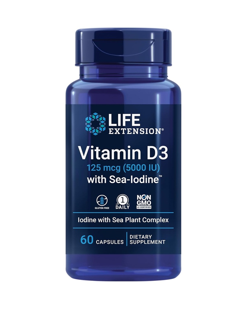 Life Extension Vitamin D3 with Sea-Iodine™, 125 mcg (5000 IU) – Immune Support, Bone Health, Thyroid Health – 1 Daily, Gluten-Free, Non-GMO – 60 Capsules
