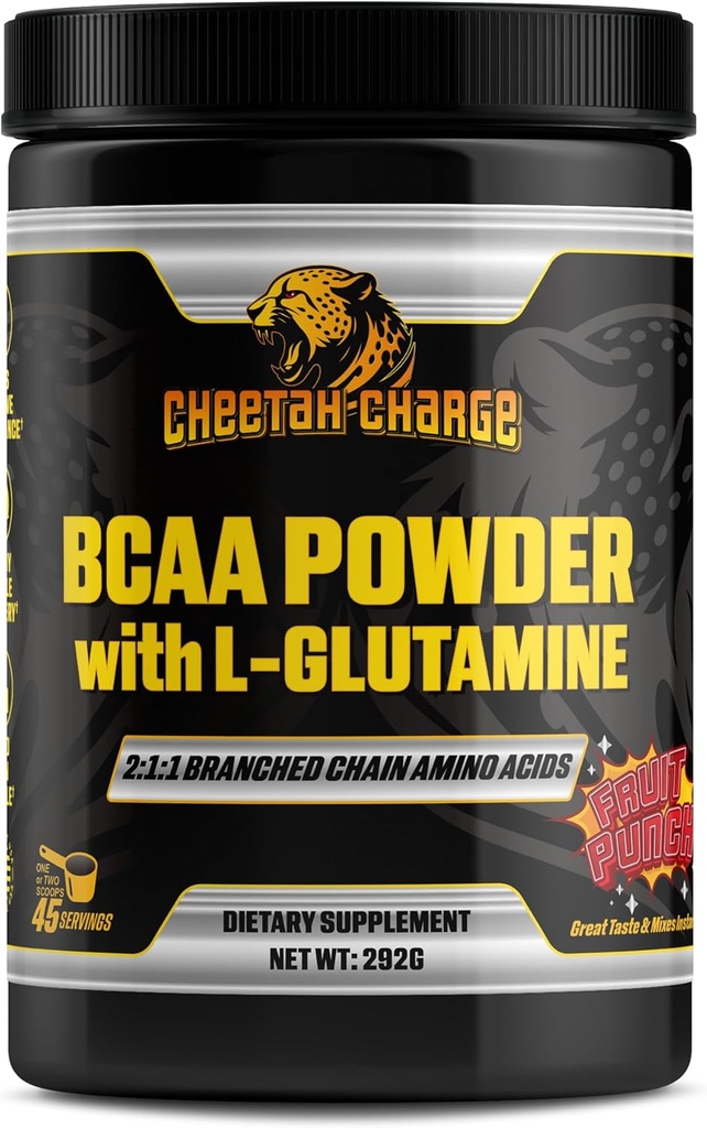 BCAA Powder with L-Glutamine | 2:1:1 Branched Chain Amino Acids | Post Workout Recovery Powder - 45 Servings (Fruit Punch)