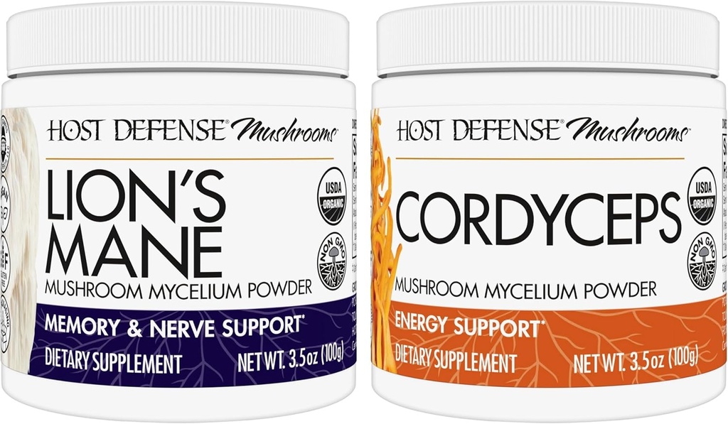 Host Defense Bundle with Lion's Mane Powder, 3.5 oz & Cordyceps Powder, 3.5 oz - Υποστήριξη Εγκεφαλική Υγεία, Μνήμη & Εστίαση - Υποστήριξη Ανοσοποιητική Υγεία & Ενέργεια*