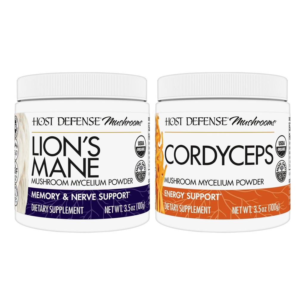Host Defense Bundle with Lion's Mane Powder, 3.5 oz & Cordyceps Powder, 3.5 oz - Υποστήριξη Εγκεφαλική Υγεία, Μνήμη & Εστίαση - Υποστήριξη Ανοσοποιητική Υγεία & Ενέργεια*