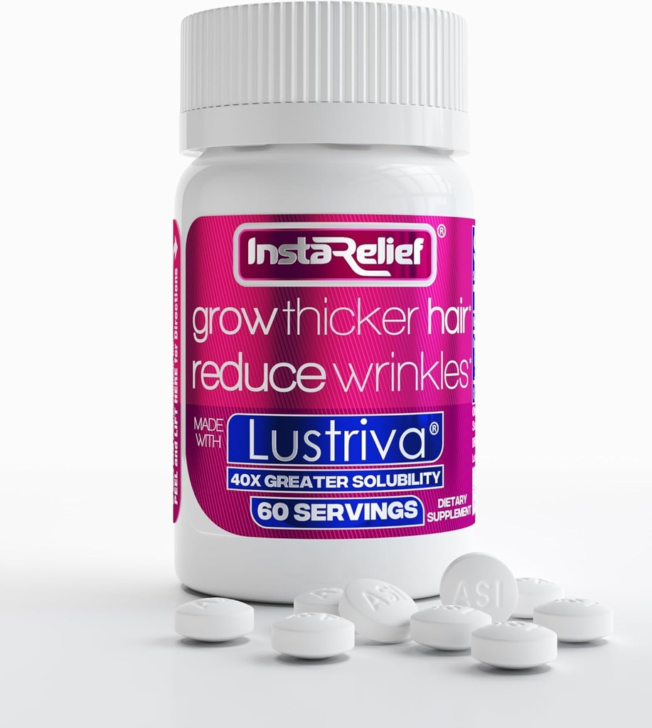 InstaRelief® Hair Growth with Lustriva® - Κλινικά Εμφανίζονται να Μεγαλώσουν Θυλακωτές, Υγιέστερα Μαλλιά σε 3 εβδομάδες, Μείωση Ρυτίδες και Fine Lines, με Biotin, Silicon, και Arginine, 60 δισκία