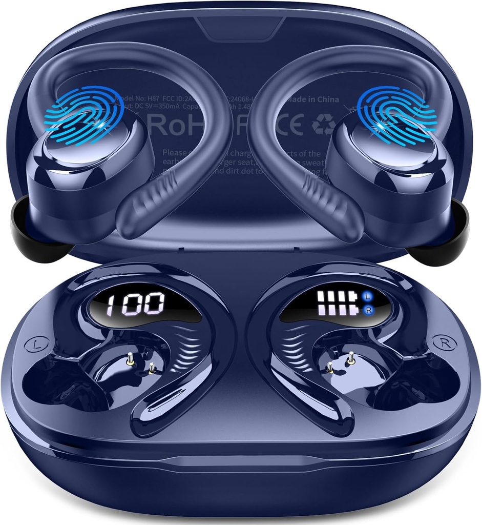 Ασύρματα ακουστικά Sport, 2025 Bluetooth 5.4 Ακουστικά με ακουστικά Earhooks, 50H Stereo Deep Bass Over Ear Buds με 4 ENC Θόρυβος Ακυρώνοντας Mics, IP7 Αδιάβροχα Ακουστικά για Γυμναστήριο Εκτέλεσης - Μπλε