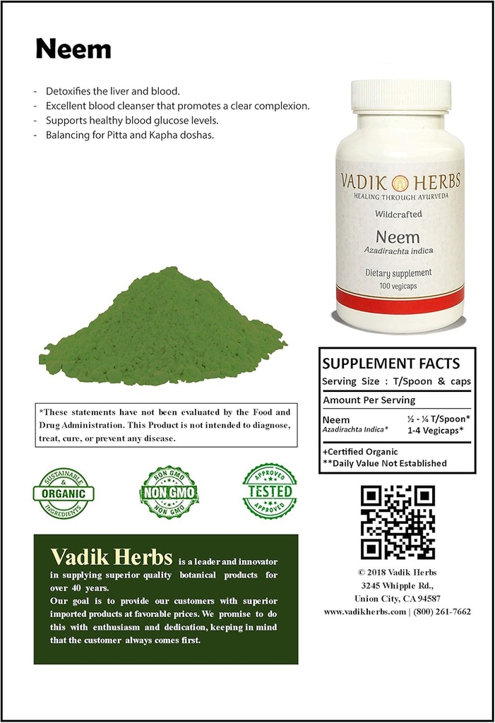 Certified Organic Vadik Herbs Neem (Azadirachta Indica) Σκόνη 1lb. Συσκευασία 