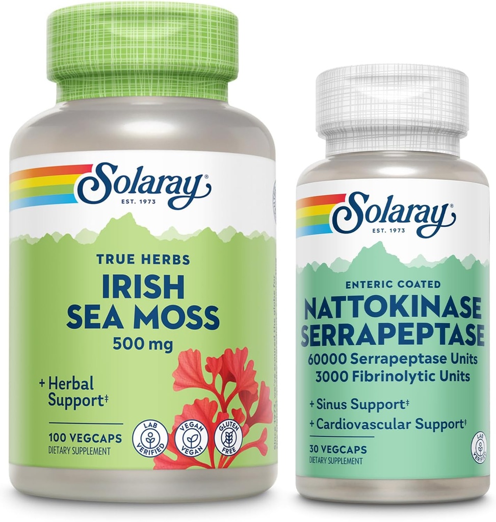 SOLARAY Irish Sea Moss 500mg και Nattokinase Serrapeptase Supplement - Wellness Bundle με φυσικά Occurring Βιταμίνες, Ορυκτά - Υγεία των ούρων, Sinus, Υποστήριξη για την Υγεία της Καρδιάς, 60-Ημέρες Εγγύηση, 100/30ct