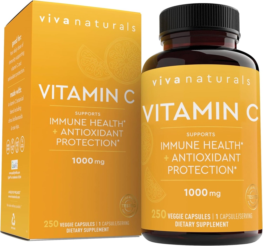 Viva Naturals Vitamin C, 1000 mg, 250 Vegetarian Capsules – with Citrus Bioflavonoids & Rose HIPS, Non-GMO for Immune Support & Antioxidant Protection
