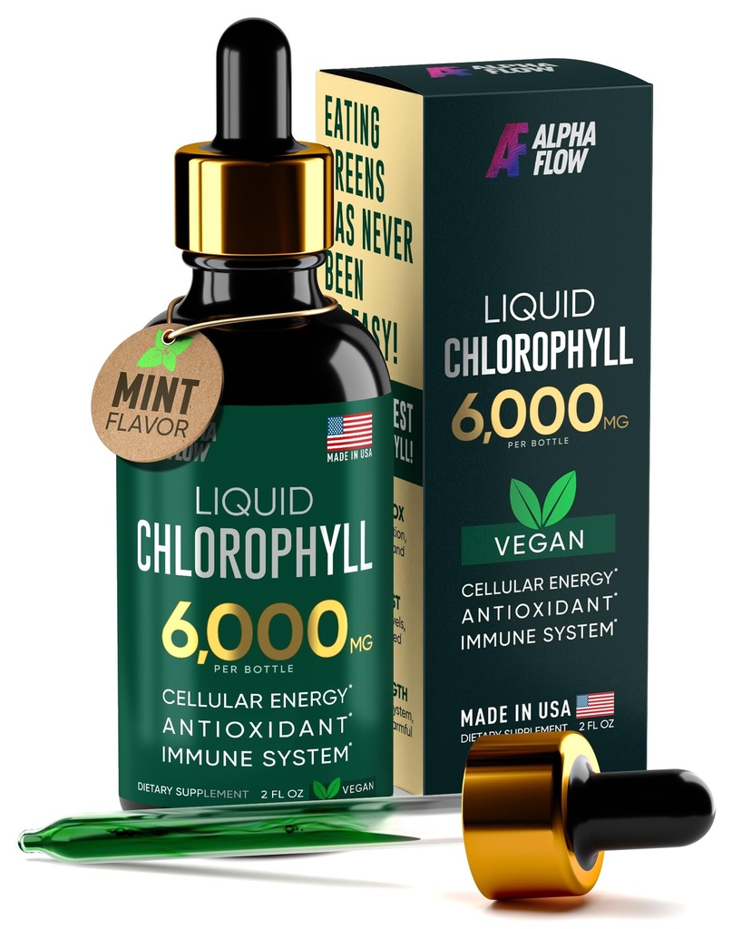 Χλωροφύλλη Υγρές σταγόνες 6000 mg - Premium Υγρή Χλωροφύλλη Συμπλήρωμα - Όλα-σε-ένα Αντιοξειδωτικό για ανοσοενισχυτικό, αύξηση της ενέργειας, υποστήριξη πήξεως & γρήγορη αποτοξίνωση - Μη-ΓΤΟ, Vegan