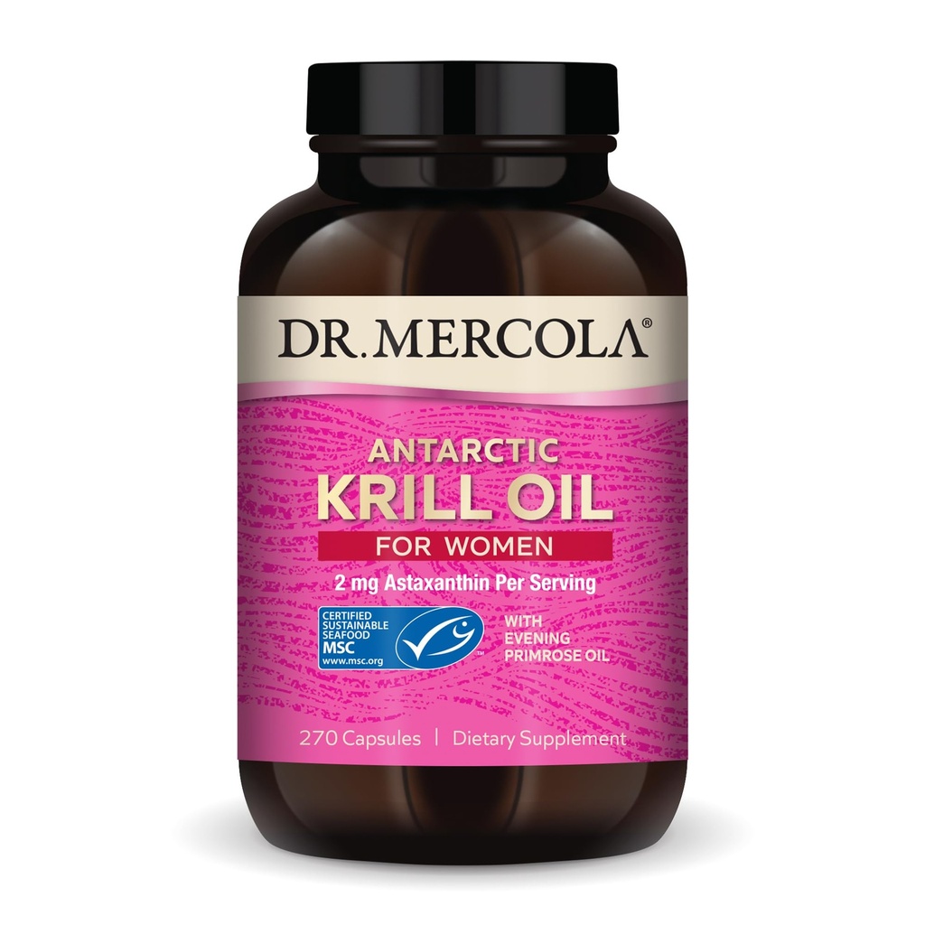 Dr. Mercola Krill Oil for Women - 2 mg Ασταξανθίνης - MSC Certified Sustainable - Supports Brain, Skin & Immune Systems - with Omega-3s - Non-GMO, Gluten-Free & Soy-Free - 270 Κάψουλες (30 Services)