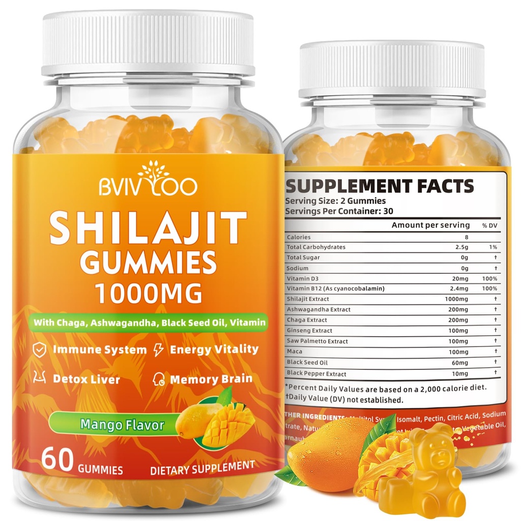 Shilajit Gummies 1000mg Sugar Free - Shilajit Supplement for Men & Women - High in 85+ Trace Minerals & Fulvic Acid - Energy, Brain, Immunity - 60 Gummies