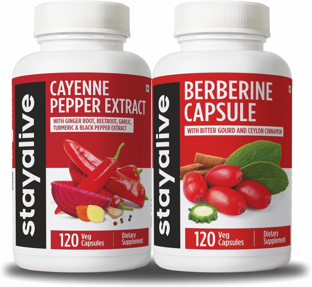 STAY ALIVE Cayenne και Berberine Bundle με Ceylon Cinnamon και Bitter Gourd Extract, 240 Vegan Pills, Non-GMO & Gluten Free Berberine Cayenne Pepper Supplement