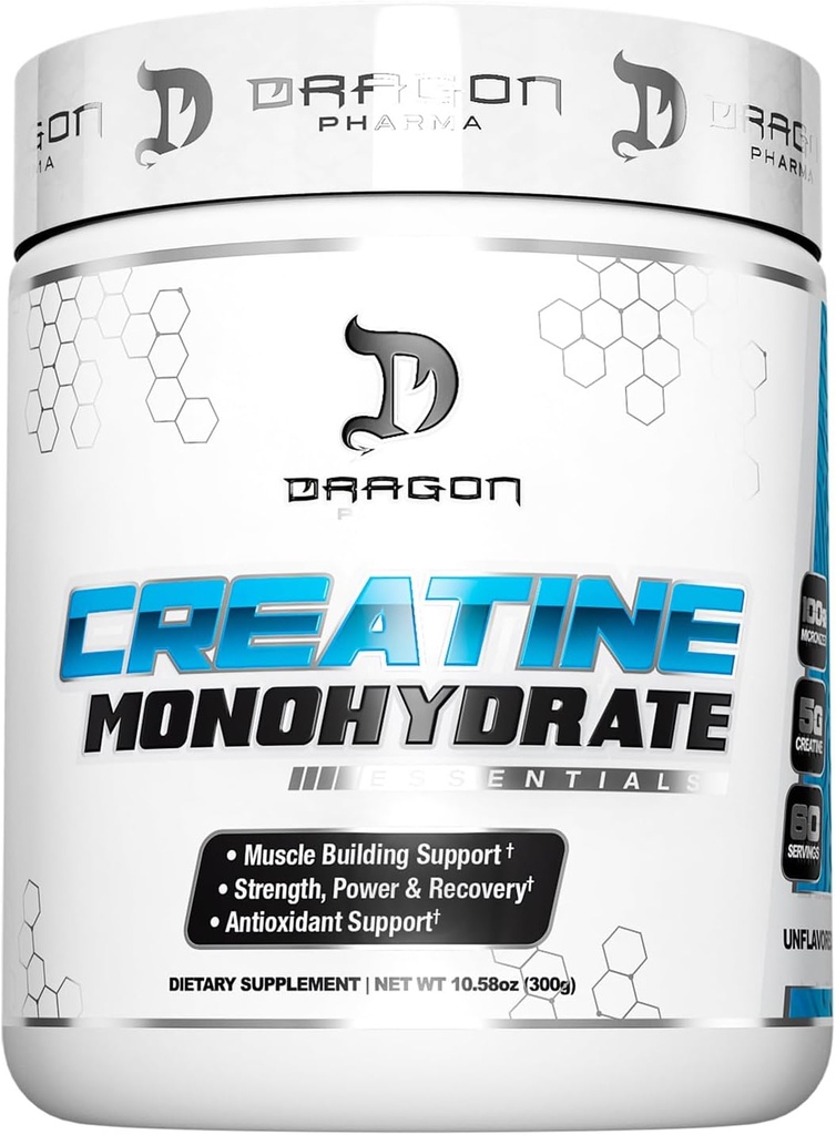 DRAGON PHARMA Creatine Monohydrate, Aid Muscle Recovery, μετά την προπόνηση συμπλήρωμα, Αντιοξειδωτική υποστήριξη (60 Υπηρεσίες, Χωρίς άρωμα)