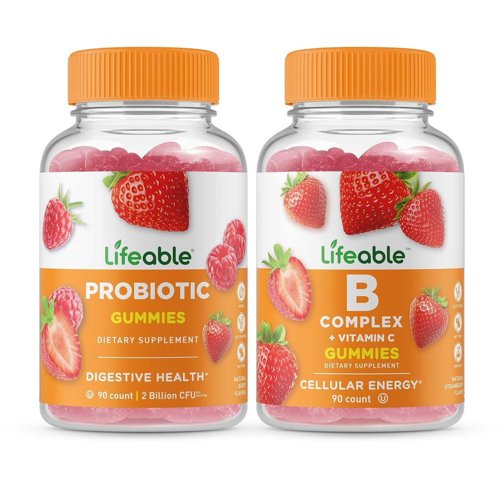 Ζωοποιήσιμο Probiotic 2 Δισεκατομμύρια CFU + B Complex, Gummies Bundle - Μεγάλη γεύση, συμπλήρωμα βιταμίνης, χωρίς γλουτένη, GMO Δωρεάν, Μασώμενο Gummy