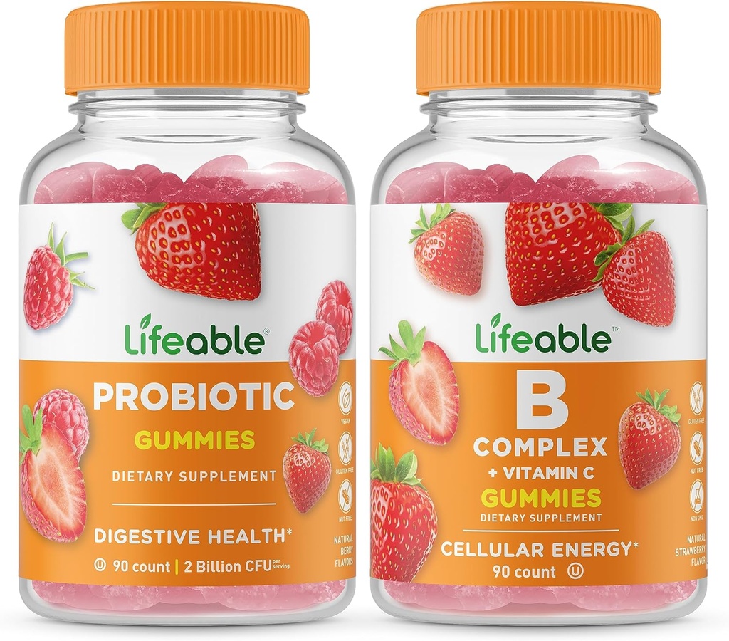 Ζωοποιήσιμο Probiotic 2 Δισεκατομμύρια CFU + B Complex, Gummies Bundle - Μεγάλη γεύση, συμπλήρωμα βιταμίνης, χωρίς γλουτένη, GMO Δωρεάν, Μασώμενο Gummy