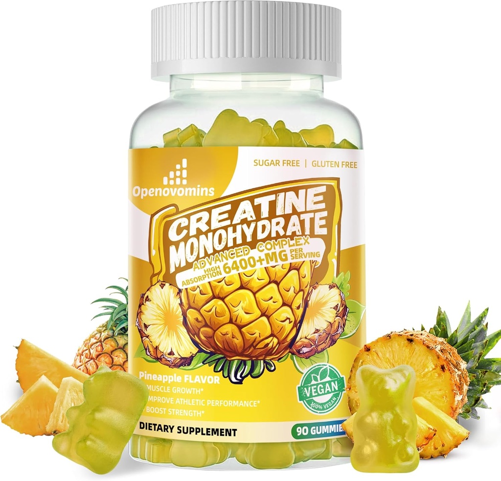 Συγκρότημα μονοένυδρων Gummies Creatine για άνδρες και γυναίκες -Προηγμένη Φόρμουλα W/L-Taurine + Βιταμίνη B12, Συμπλήρωμα χωρίς ζάχαρη, 90 Gummies ανανά