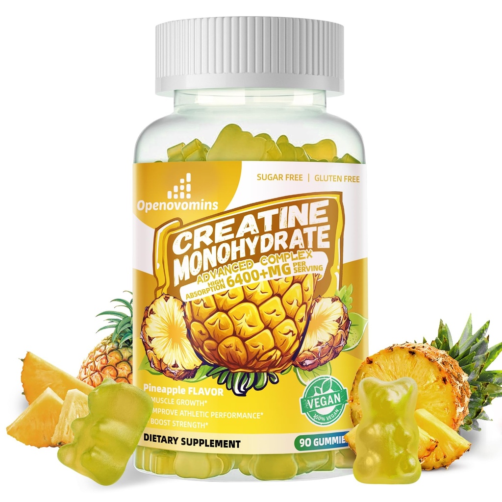 Συγκρότημα μονοένυδρων Gummies Creatine για άνδρες και γυναίκες -Προηγμένη Φόρμουλα W/L-Taurine + Βιταμίνη B12, Συμπλήρωμα χωρίς ζάχαρη, 90 Gummies ανανά