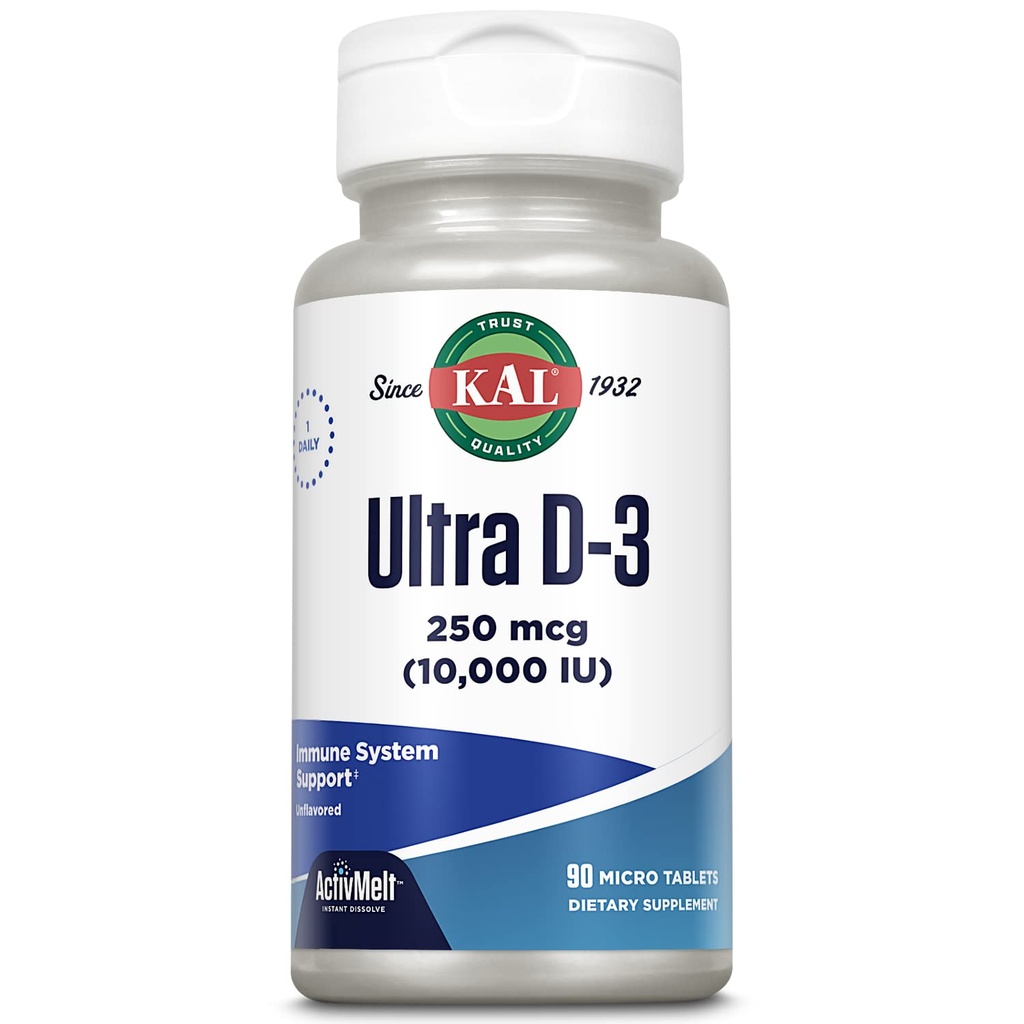 KAL Ultra Vitamin D3 250 mcg (10000 IU), Υψηλής Ισχύος Βιταμίνη D, Απορρόφηση ασβεστίου, Υγεία των οστών και ανοσοποιητικό συμπλήρωμα υποστήριξης, Άμεση Διάλυση, Άγευστη ActivMelt, 90 Μερίδες, 90 Micro Tablets