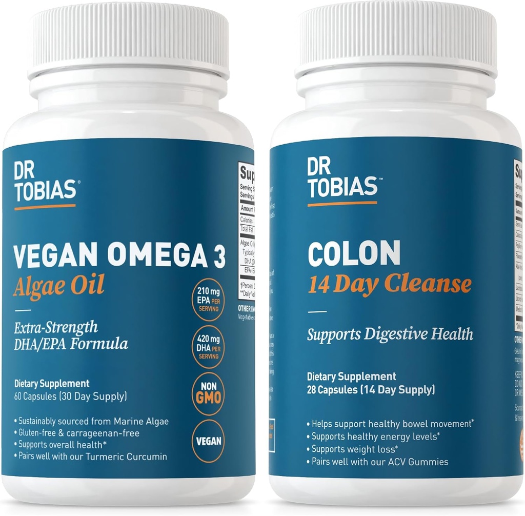 Dr. Tobias Vegan Omega 3 Algae Oil and Colon 14 Ημέρα καθαρισμού για βελτιωμένη πέψη, κόκκαλο & ανοσοποιητική υποστήριξη, και γενική υγεία