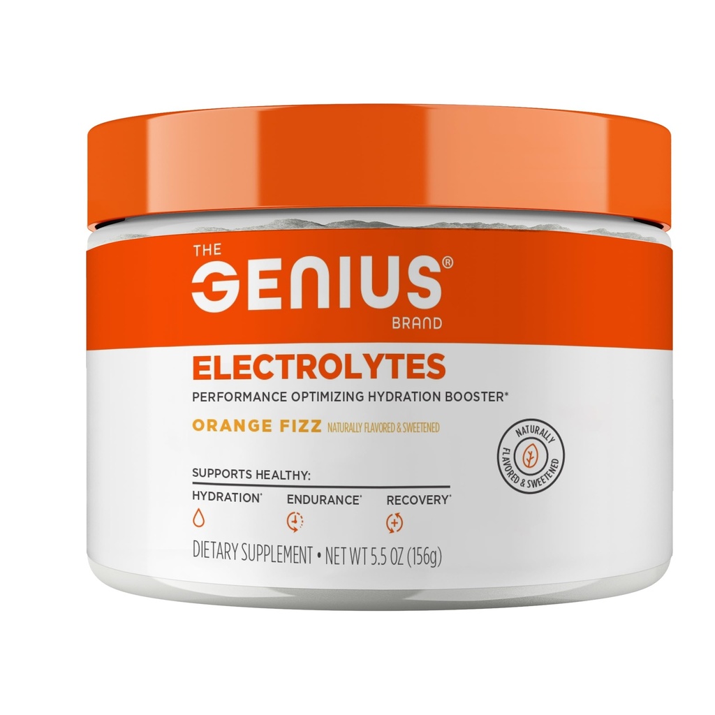 Genius Electrolytes Powder Drink Mix, Orange Fizz, 30 Σερβιέτες - Natural Hydration Booster & Endurance Supplement με Κάλιο, Μαγνήσιο & Ψευδάργυρο - Χωρίς ζάχαρη & Χωρίς τεχνητά γλυκαντικά ή βαφές