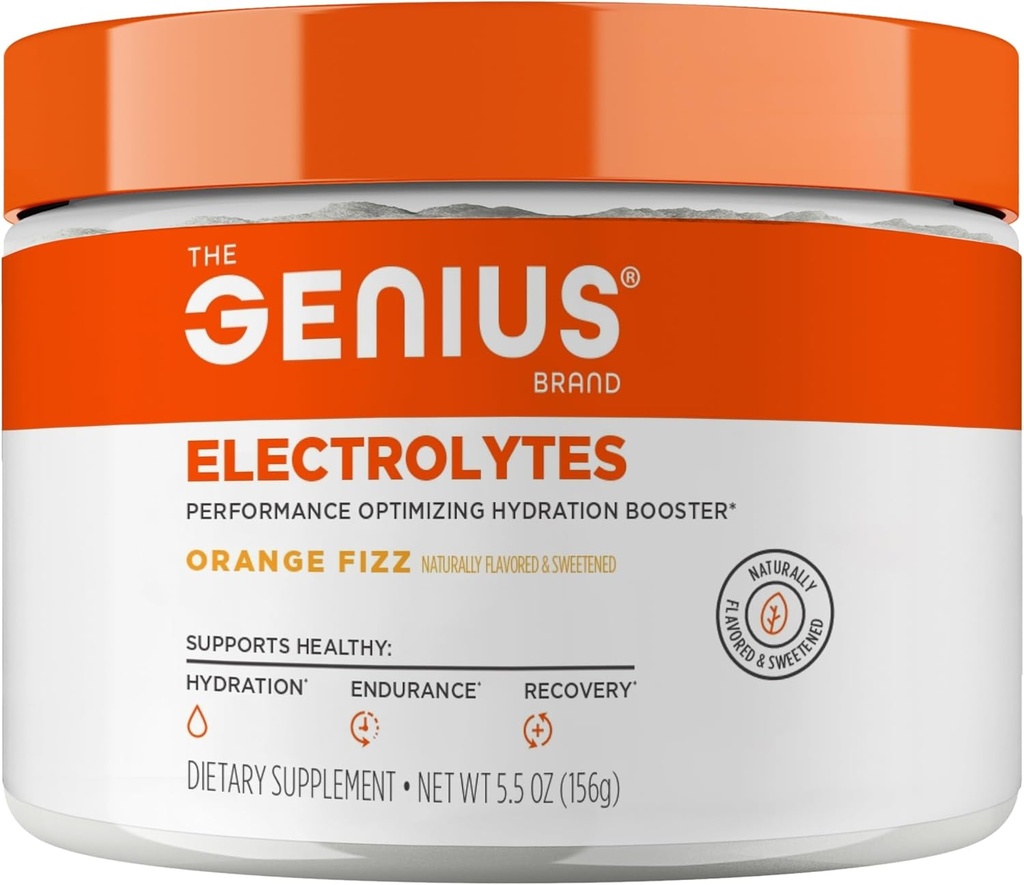 Genius Electrolytes Powder Drink Mix, Orange Fizz, 30 Σερβιέτες - Natural Hydration Booster & Endurance Supplement με Κάλιο, Μαγνήσιο & Ψευδάργυρο - Χωρίς ζάχαρη & Χωρίς τεχνητά γλυκαντικά ή βαφές
