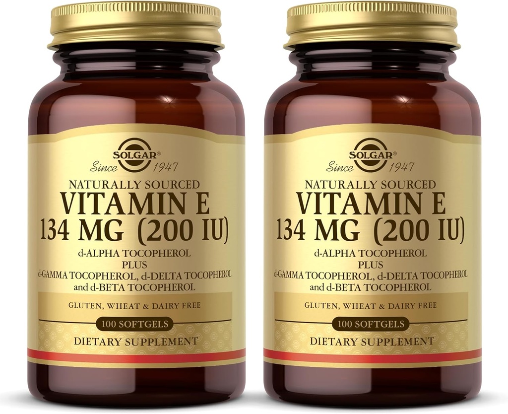 SOLGAR Vitamin E 200 IU - 100 Softgels, Συσκευασία των 2 - Φυσικό Αντιοξειδωτικό, Υποστήριξη ανοσοποιητικού συστήματος - Χωρίς γλουτένη, Χωρίς γαλακτοκομικά - 200 Σύνολο Σερβιρίσματος