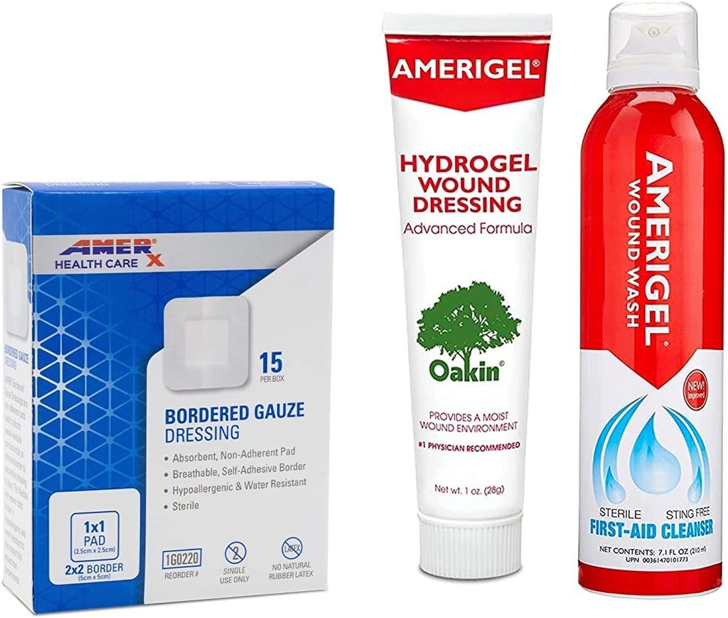 AMERIGEL συνολικό πακέτο πρώτων βοηθειών - 1 oz. Hydrogel Wound Dressing, 7.1 oz. Πλύσιμο αλατιού, 2x2 συνορεύει Gauze Dressing